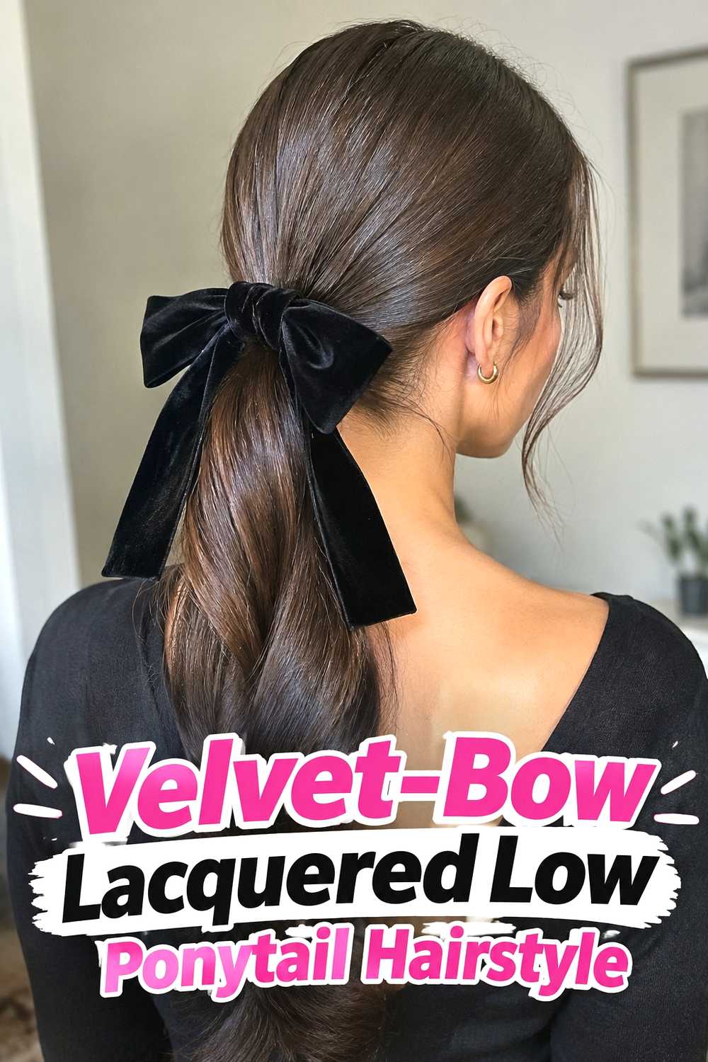 10. Velvet Bow Lacquered Low Ponytail Hairstyle