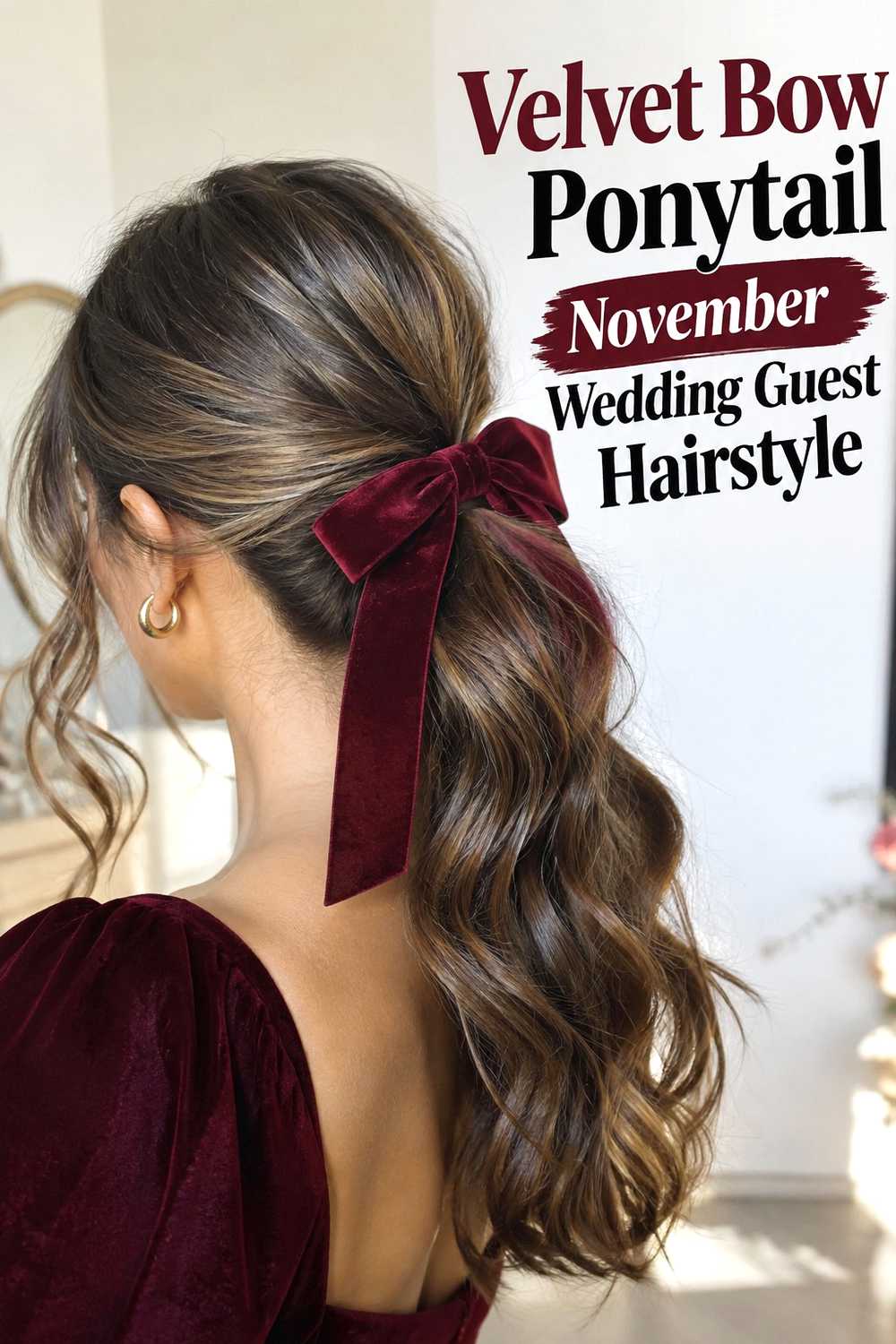 3. Velvet Bow Ponytail November Wedding Guest Hairstyle