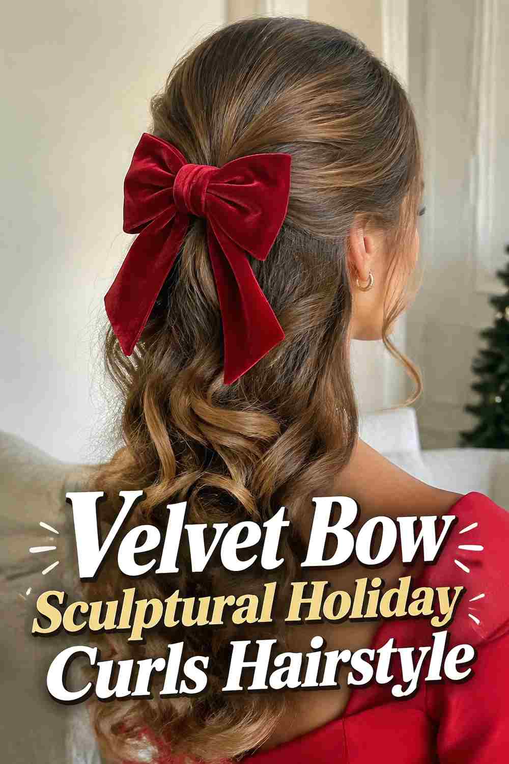 4. Velvet Bow Sculptural Holiday Curls Hairstyle