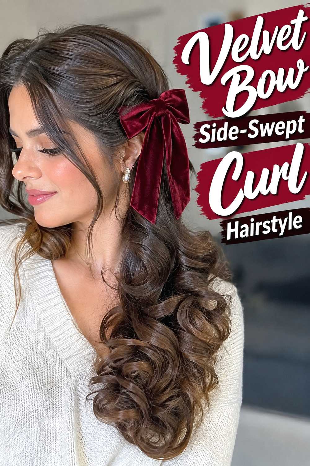 7. Velvet Bow Side Swept Curl Hairstyle