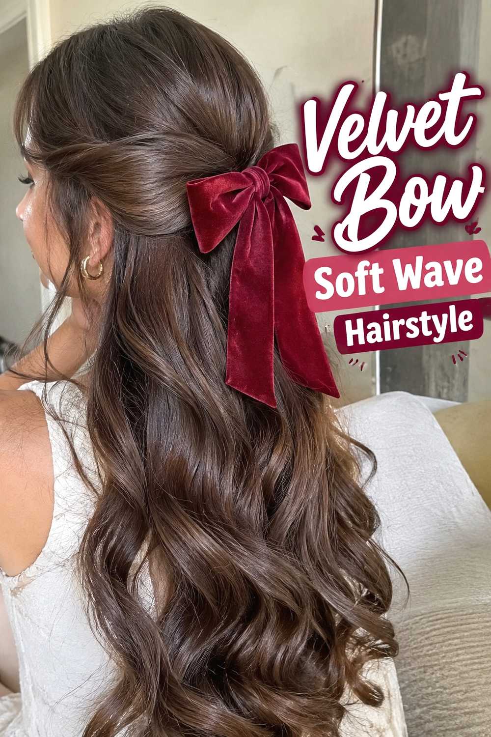 2. Velvet Bow Soft Wave Hairstyle