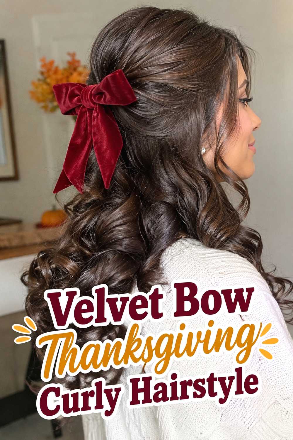 3. Velvet Bow Thanksgiving Curly Hairstyle