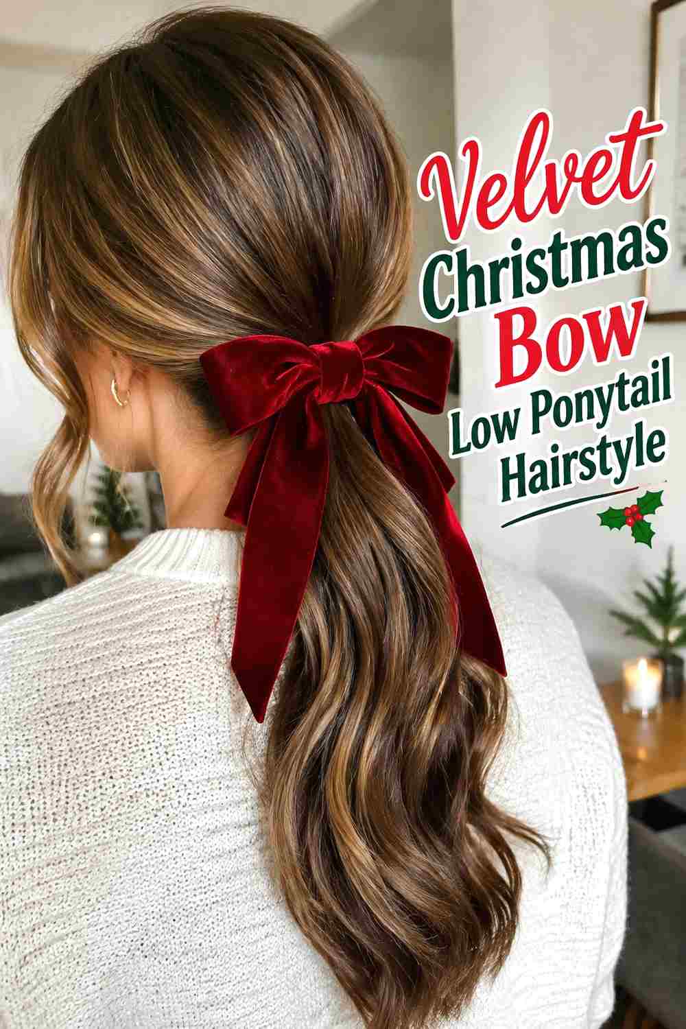 2. Velvet Christmas Bow Low Ponytail Hairstyle