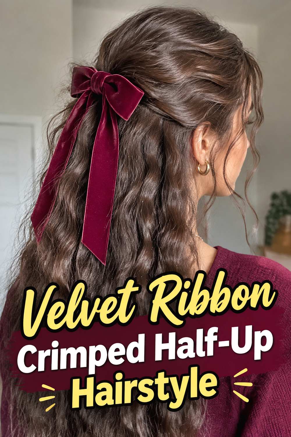Velvet Ribbon Crimped Half-Up Hairstyle