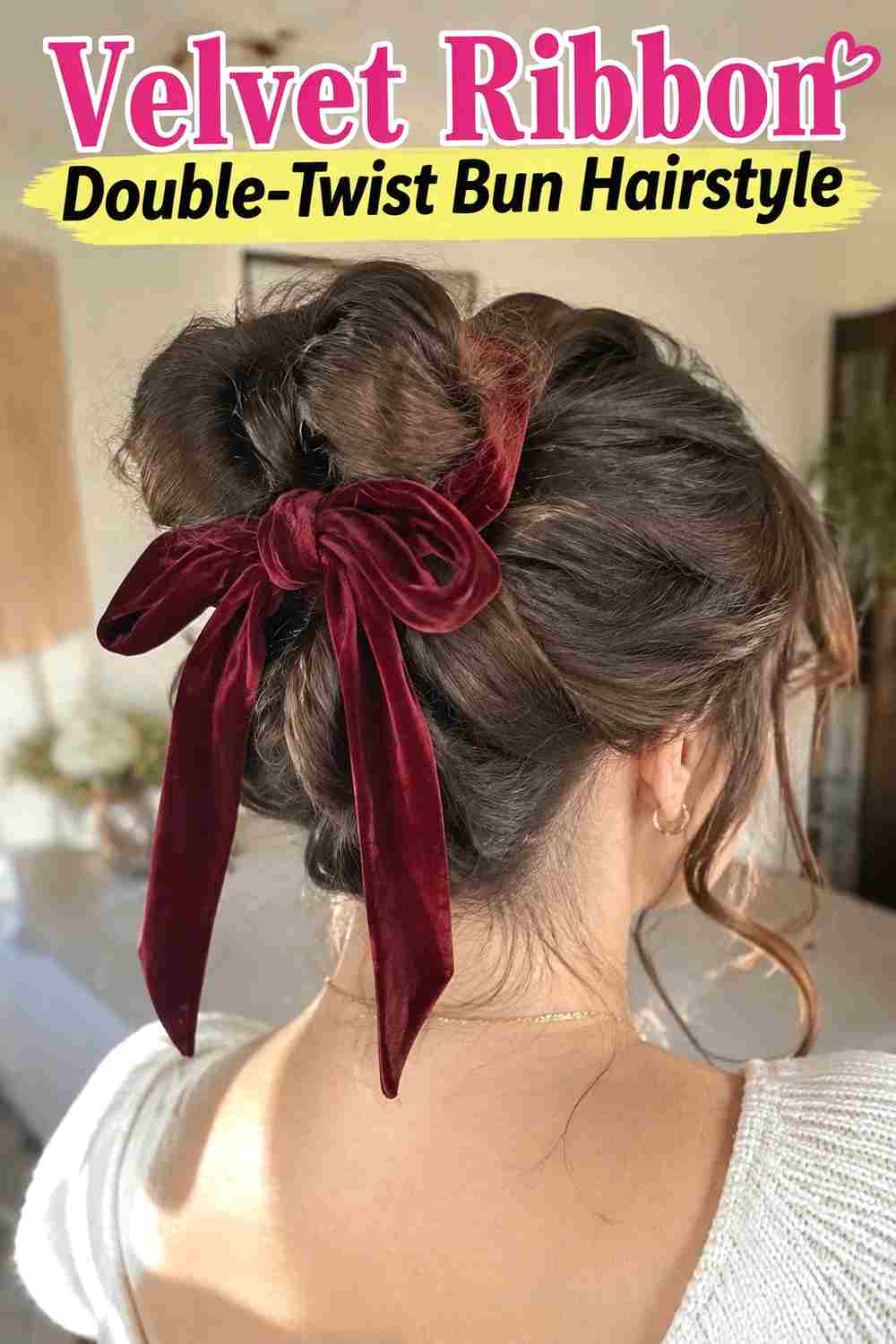 15. Velvet Ribbon Double Twist Bun Hairstyle