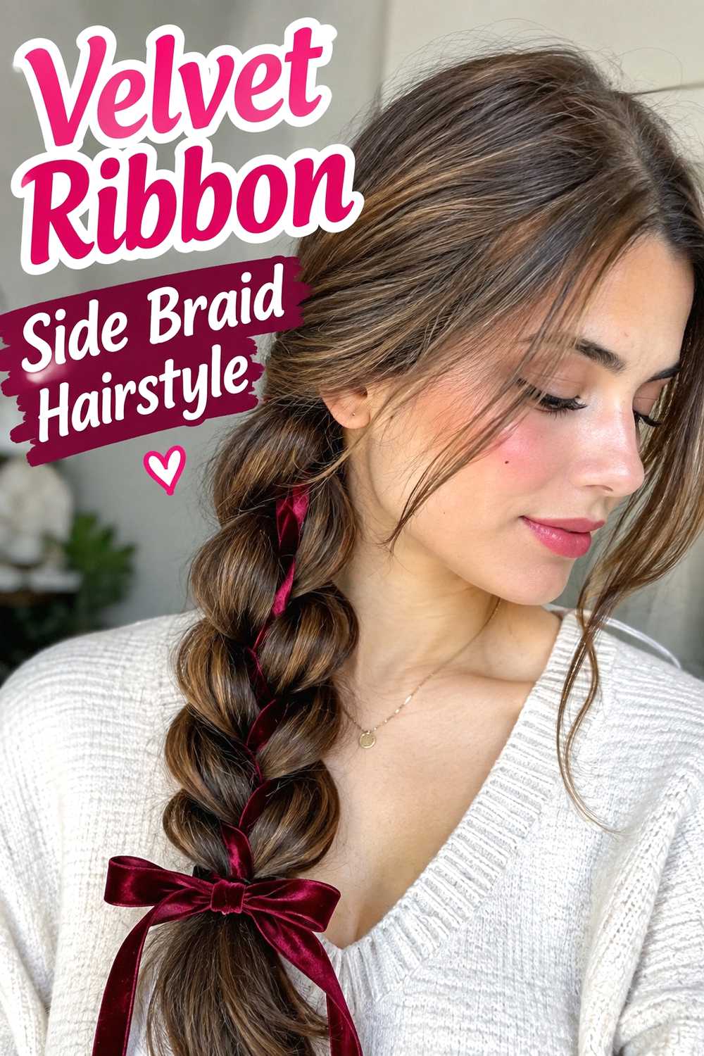 14. Velvet Ribbon Side Braid Hairstyle