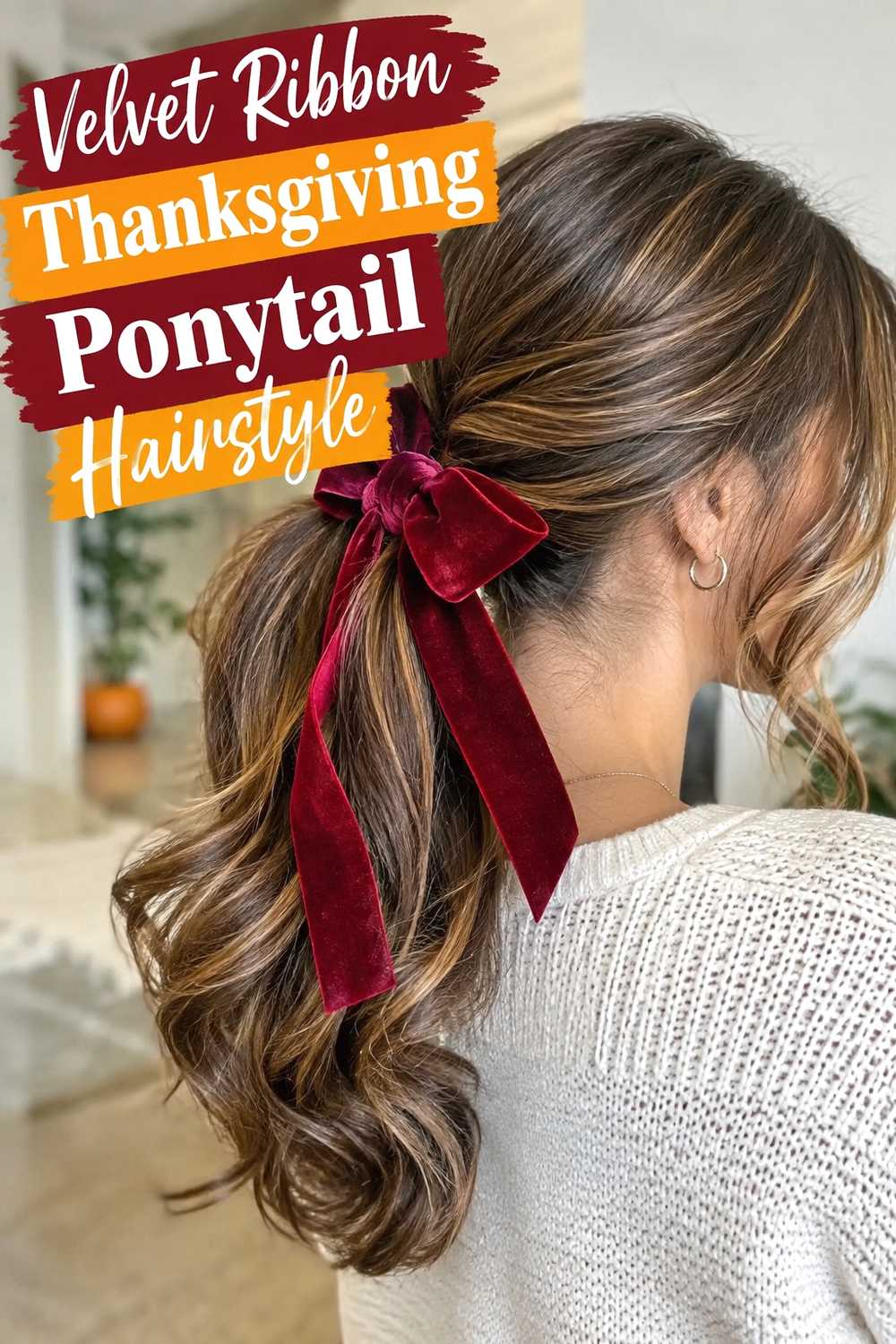 2. Velvet Ribbon Thanksgiving Ponytail Hairstyle