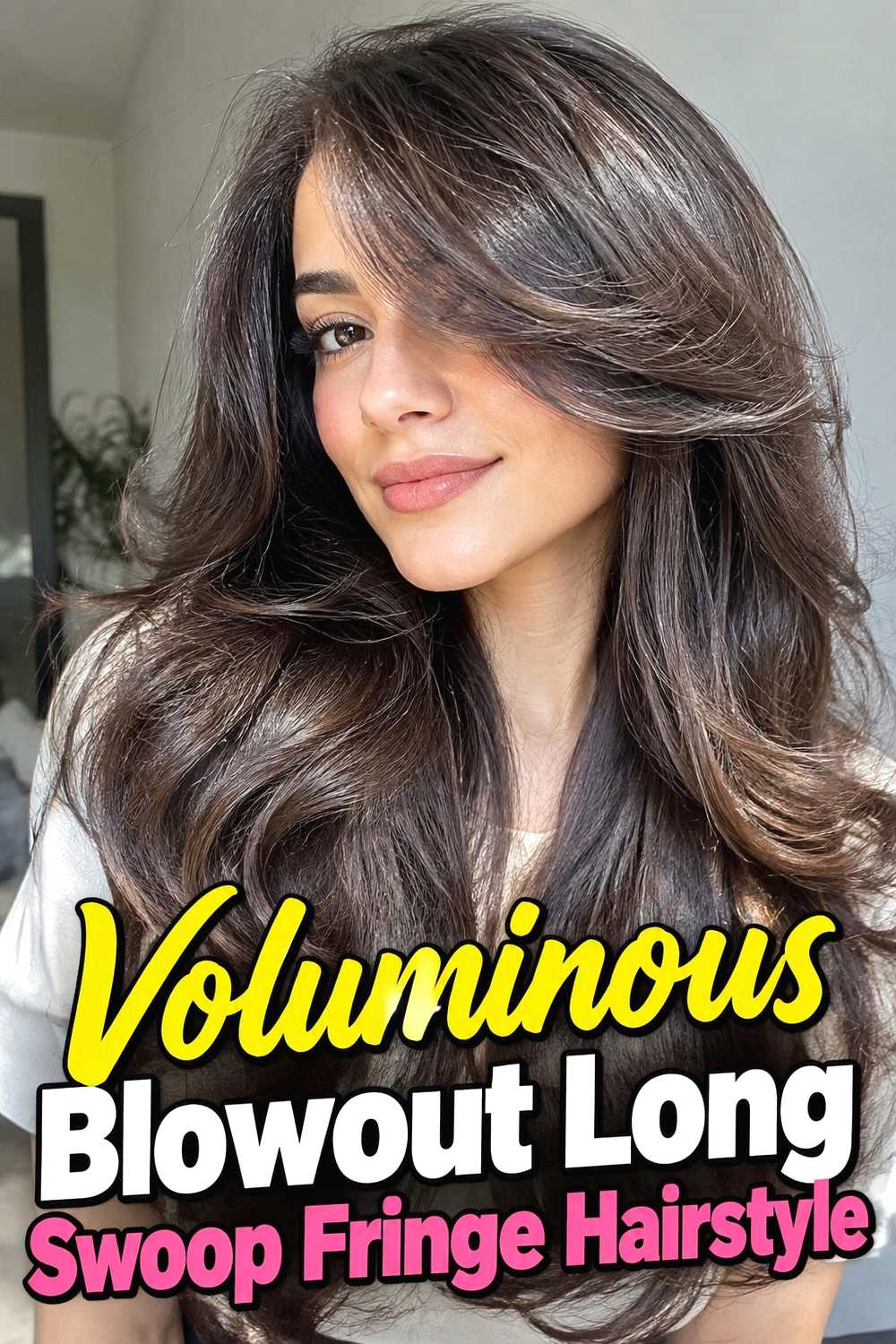 2. Voluminous Blowout Long Swoop Fringe Hairstyle