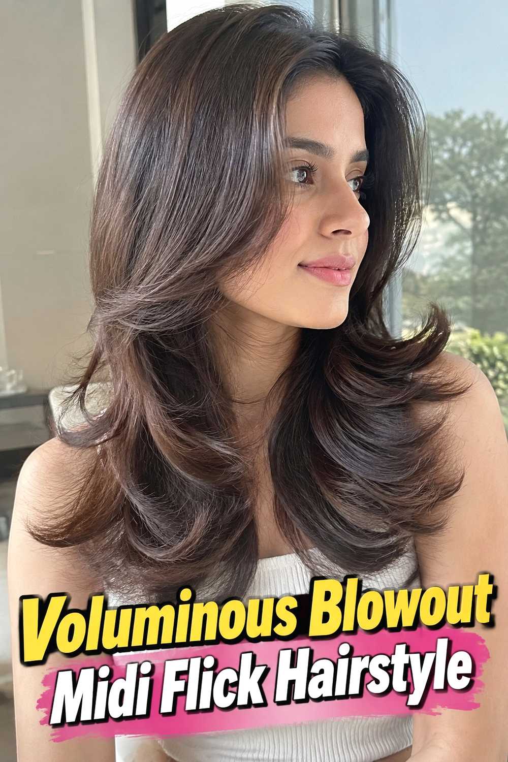 7. Voluminous Blowout Midi Flick Hairstyle