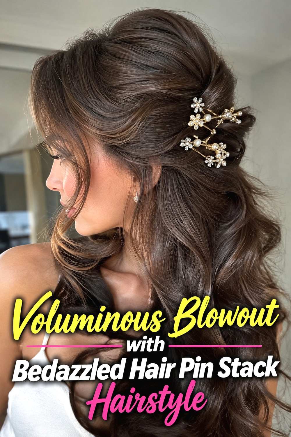 15. Voluminous Blowout With Bedazzled Hair Pin Stack Hairstyle