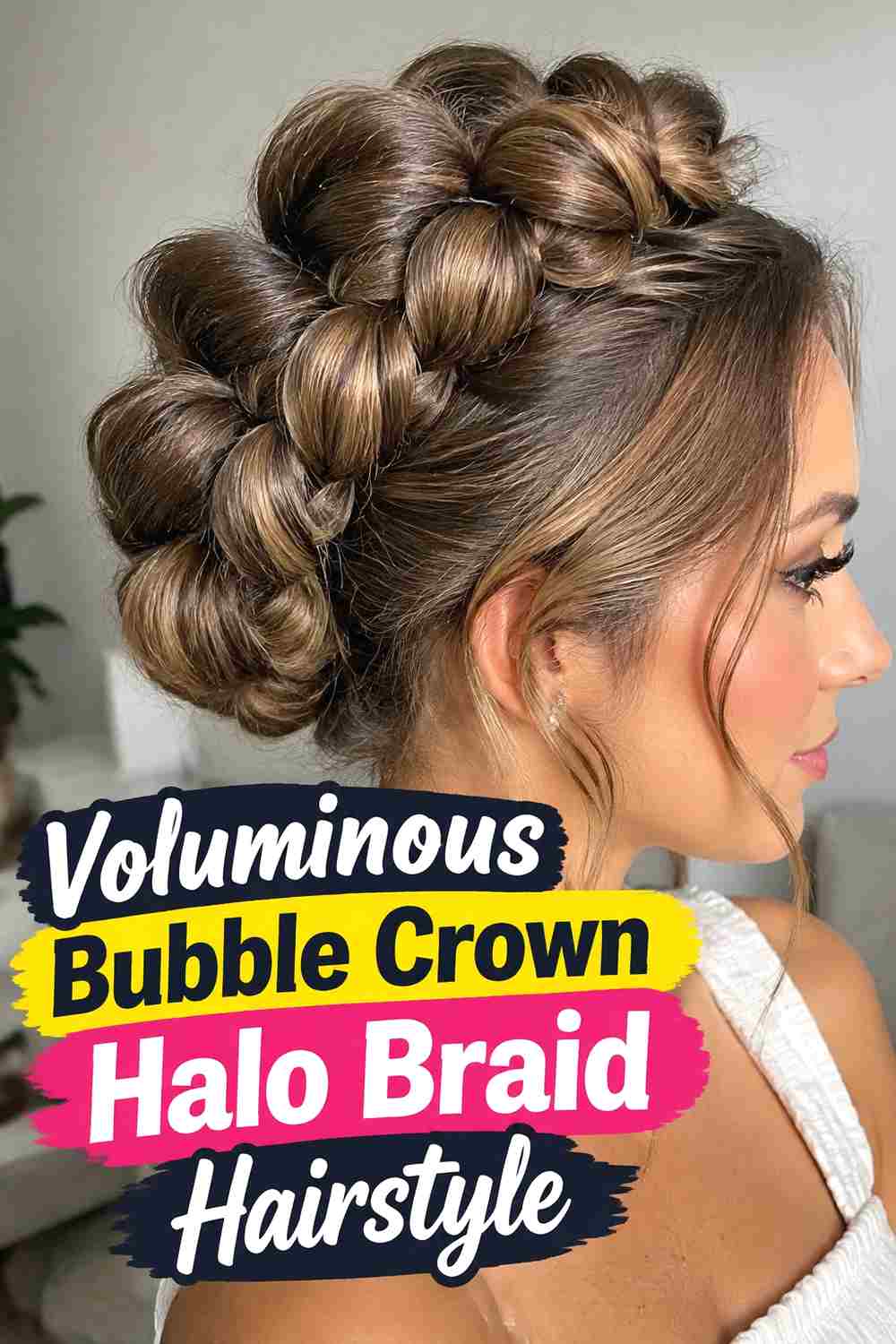 5. Voluminous Bubble Crown Halo Braid Hairstyle