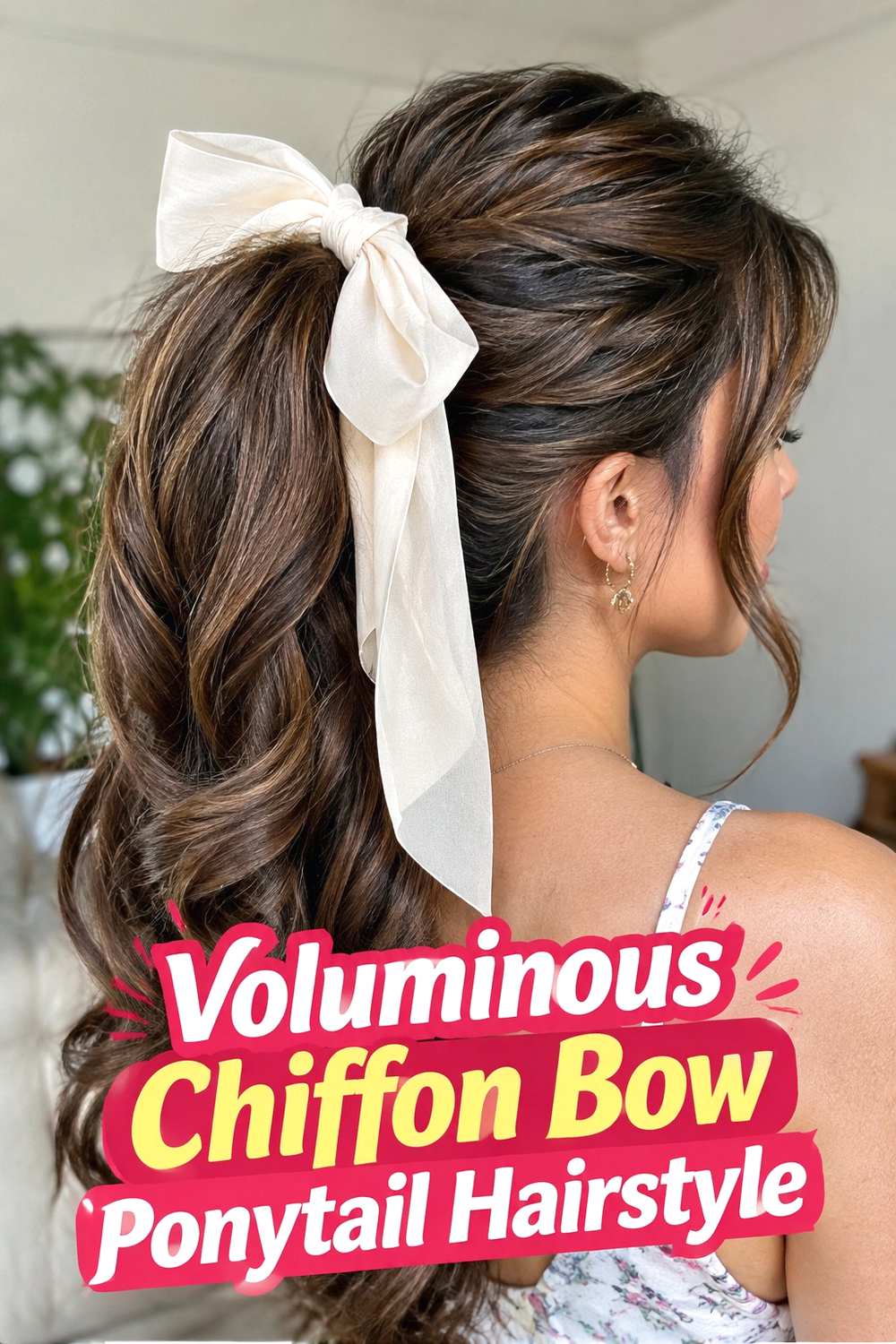 14. Voluminous Chiffon Bow Ponytail Hairstyle