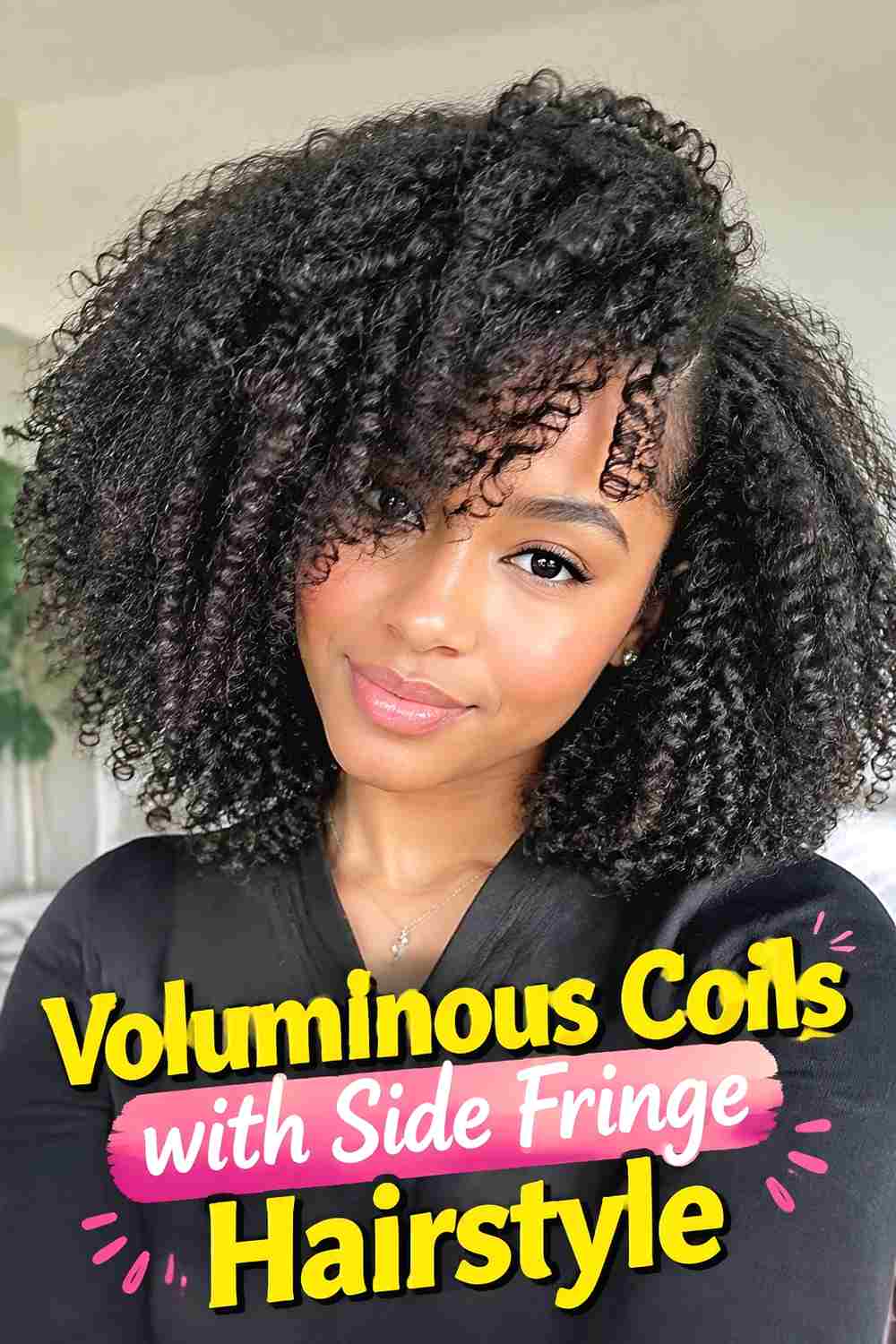 5. Voluminous Coils With Side Fringe Hairstyle