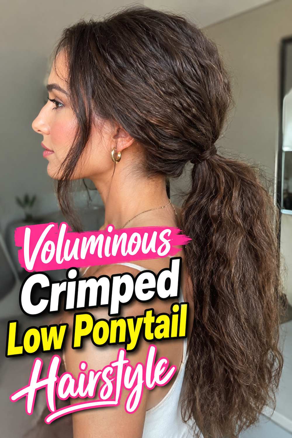 Voluminous Crimped Low Ponytail Hairstyle