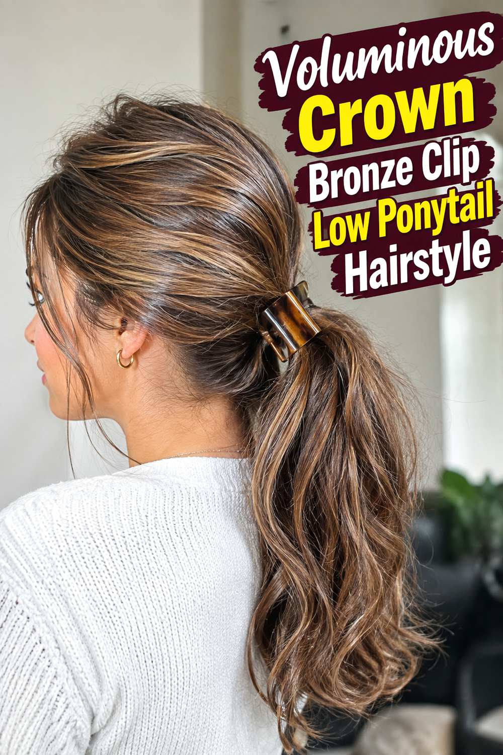 Voluminous Crown Bronze Clip Low Ponytail Hairstyle