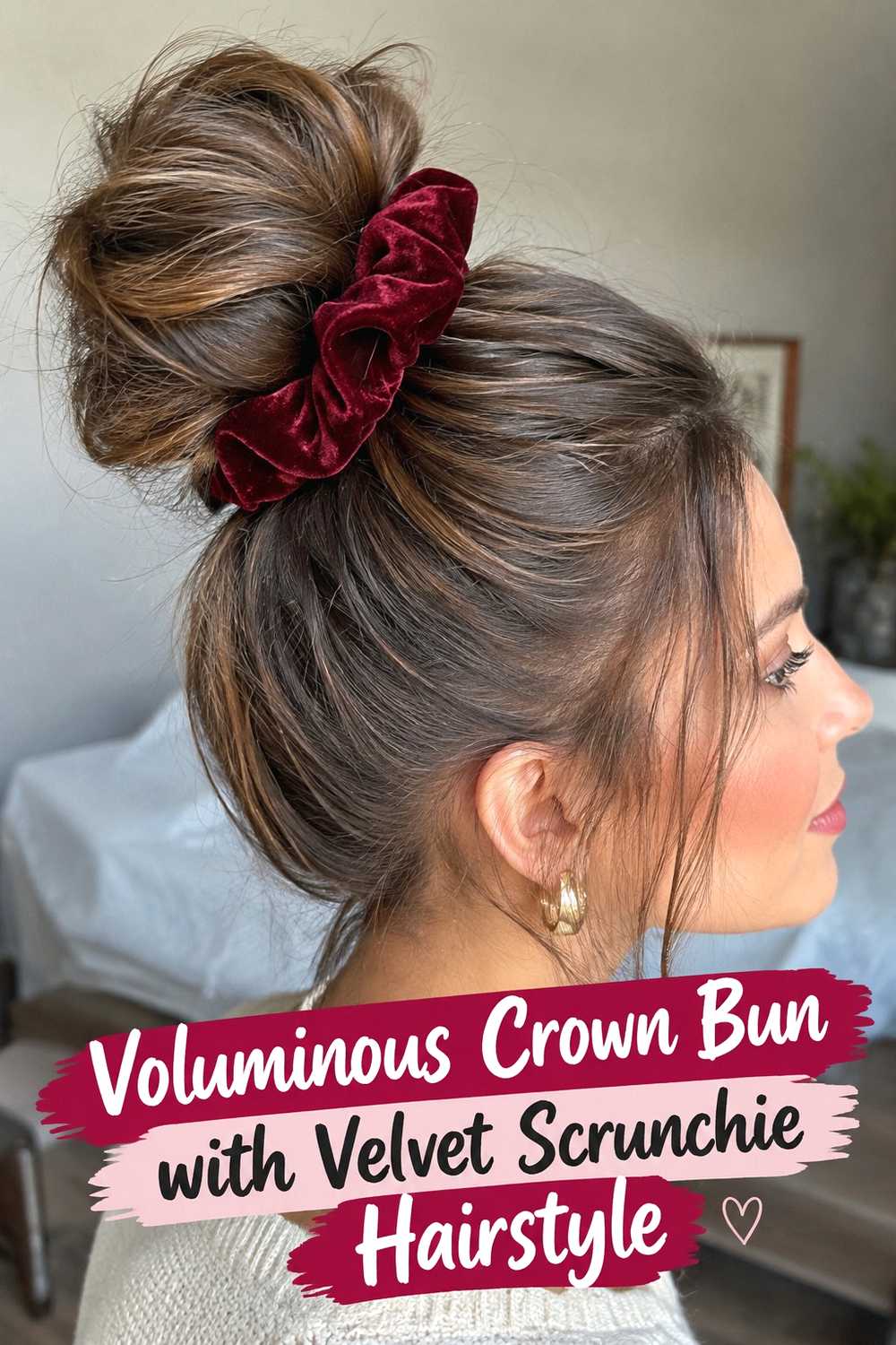 11. Voluminous Crown Bun With Velvet Scrunchie Hairstyle