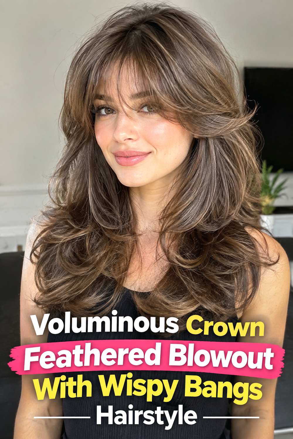Voluminous Crown Feathered Blowout With Wispy Bangs Hairstyle