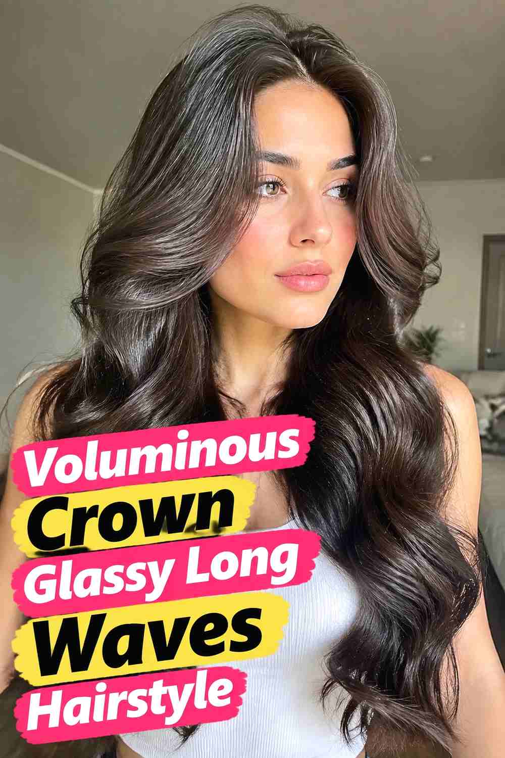 12. Voluminous Crown Glassy Long Waves Hairstyle