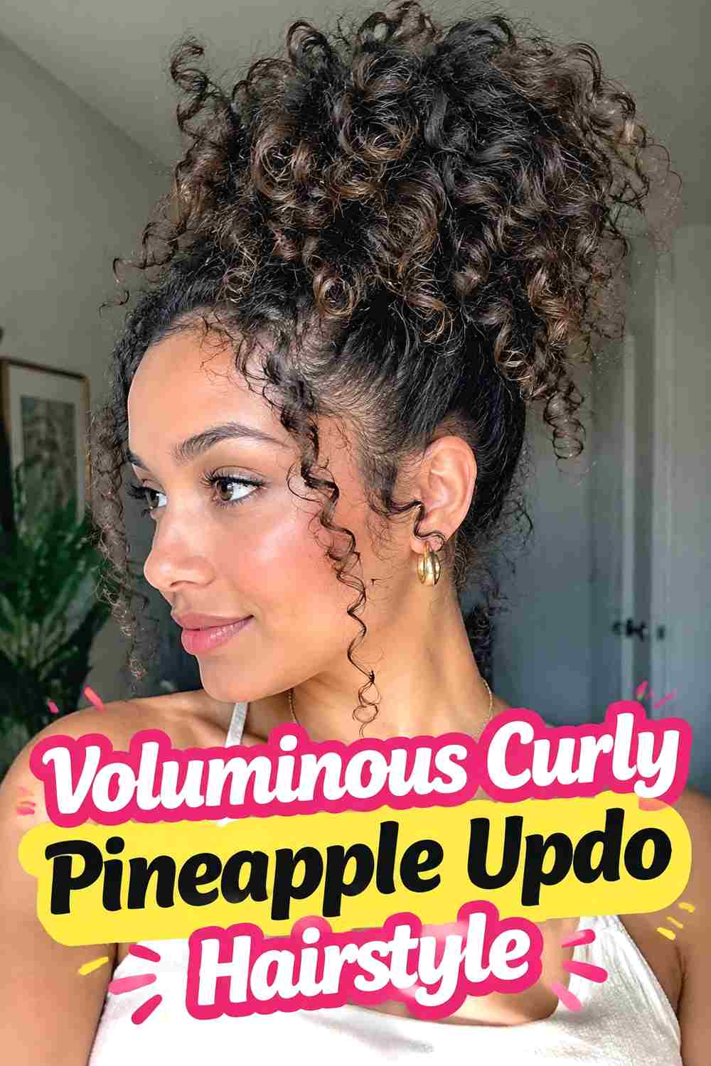 7. Voluminous Curly Pineapple Updo Hairstyle
