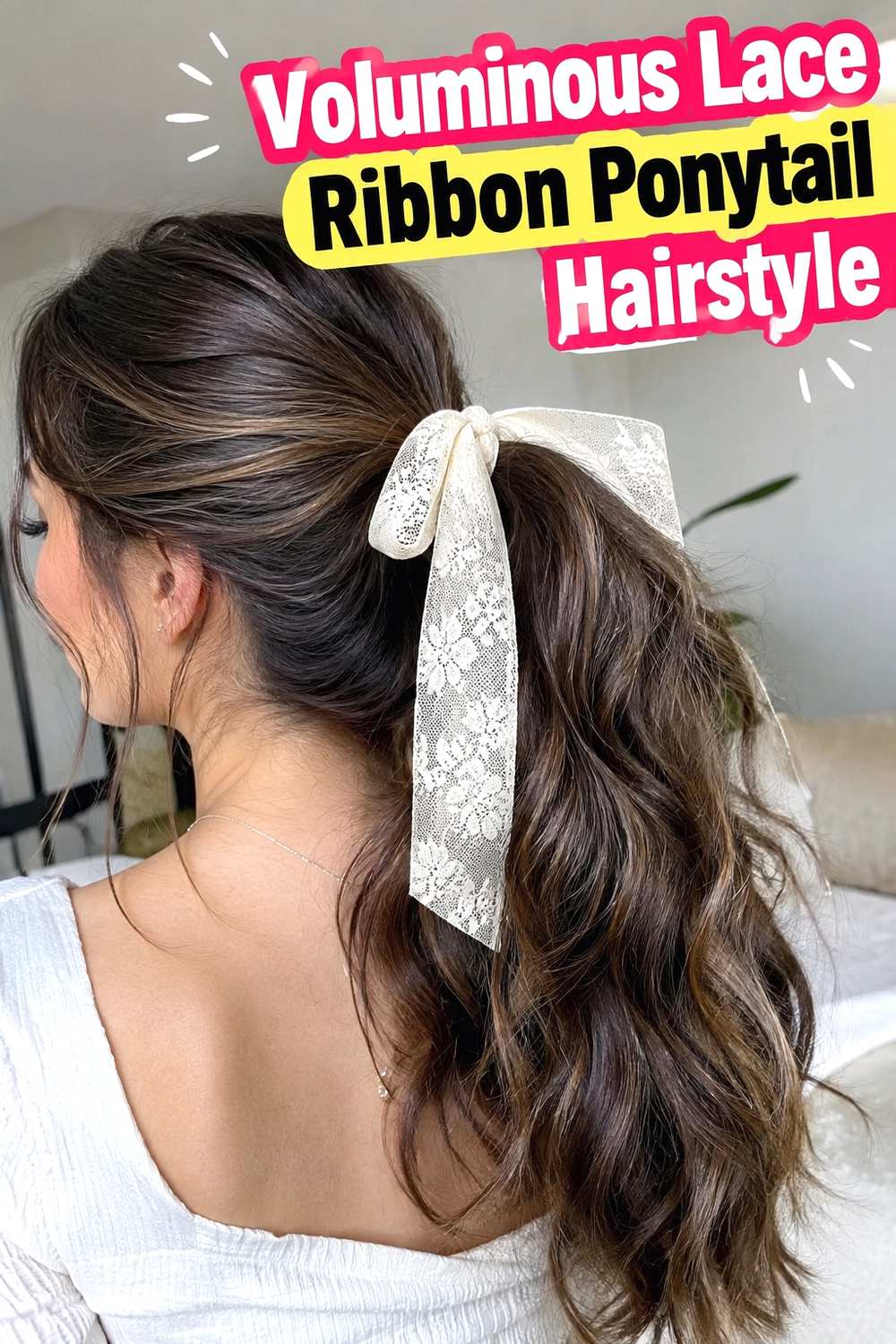 14. Voluminous Lace Ribbon Ponytail Hairstyle