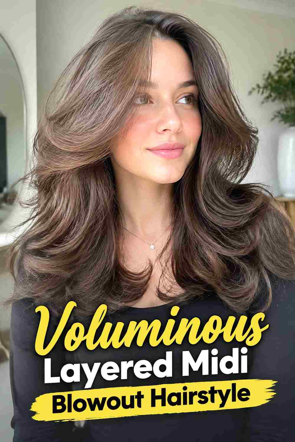 5. Voluminous Layered Midi Blowout Hairstyle
