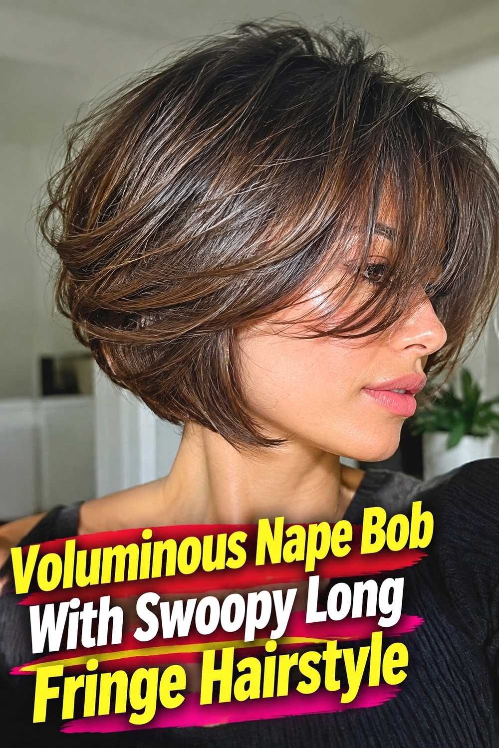 11. Voluminous Nape Bob With Swoopy Long Fringe Hairstyle