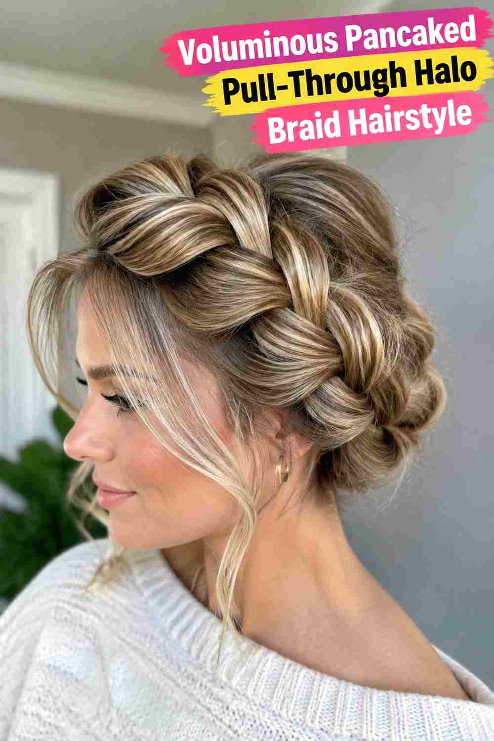 2. Voluminous Pancaked Pull Through Halo Braid Hairstyle