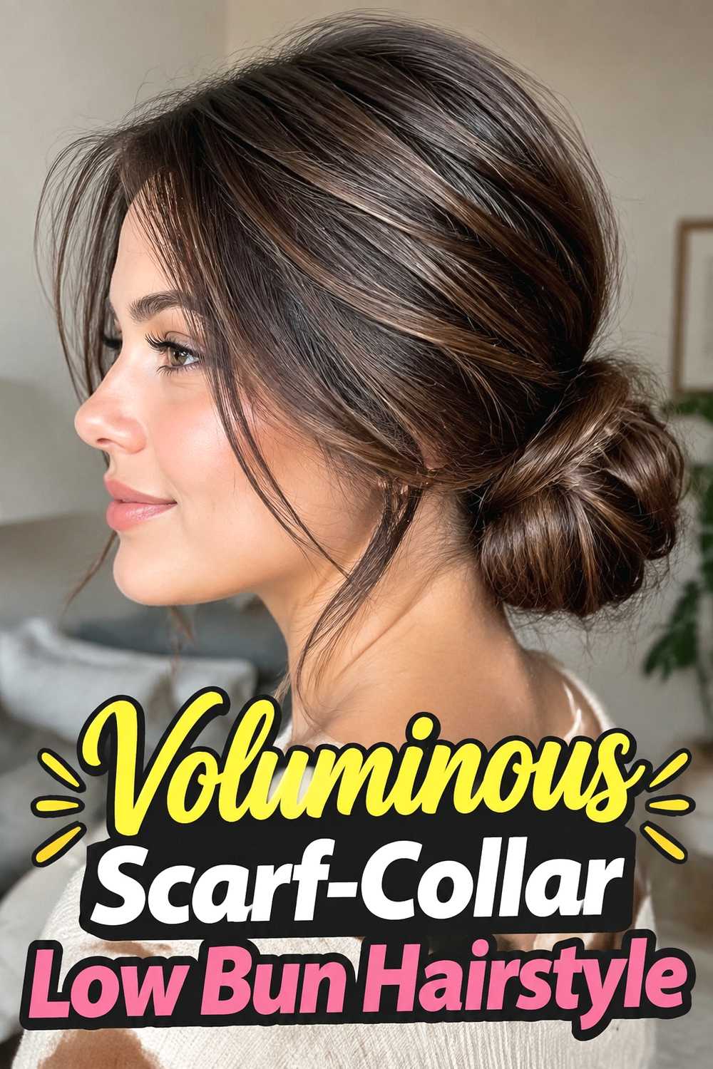 12. Voluminous Scarf Collar Low Bun Hairstyle