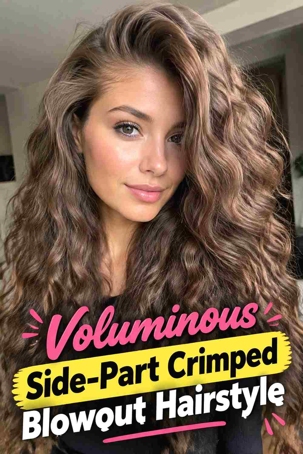 2. Voluminous Side Part Crimped Blowout Hairstyle