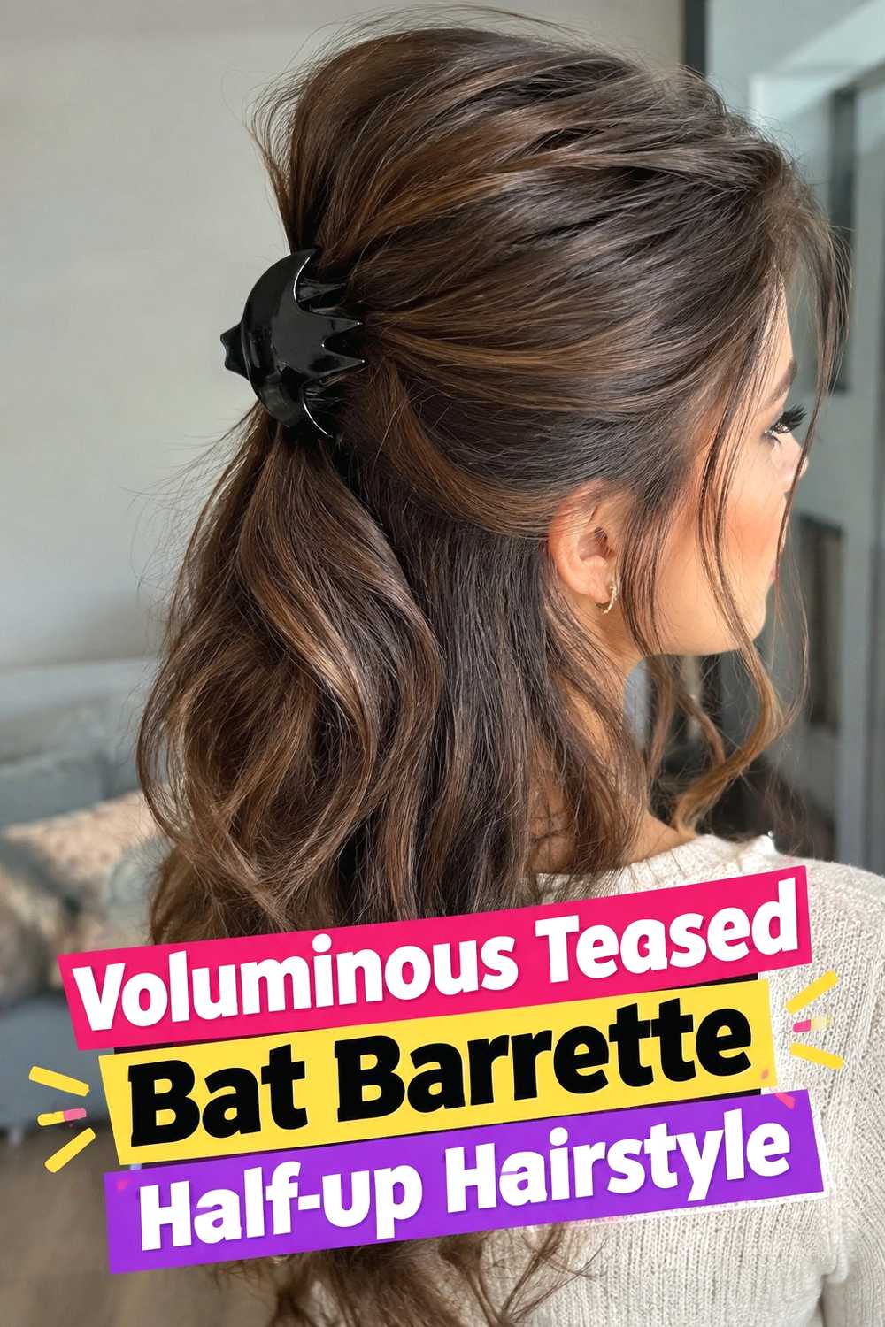 6. Voluminous Teased Bat Barrette Half Up Hairstyle