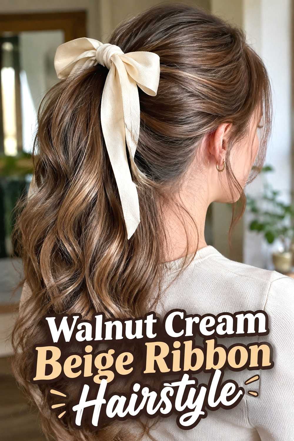 7. Walnut Cream Beige Ribbon Hairstyle