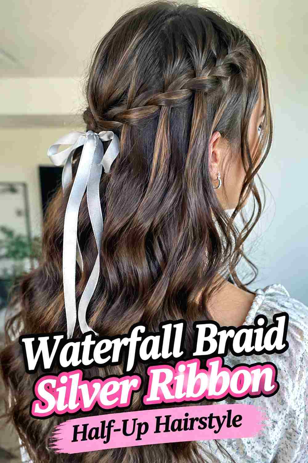 9. Waterfall Braid Silver Ribbon Half Up Hairstyle