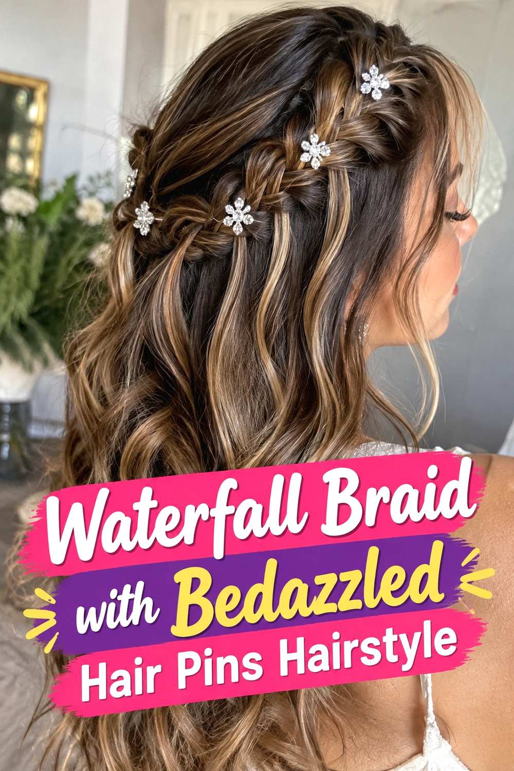14. Waterfall Braid With Bedazzled Hair Pins Hairstyle