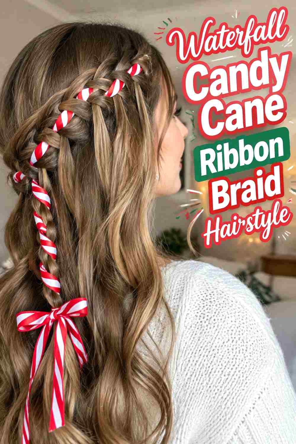 9. Waterfall Candy Cane Ribbon Braid Hairstyle