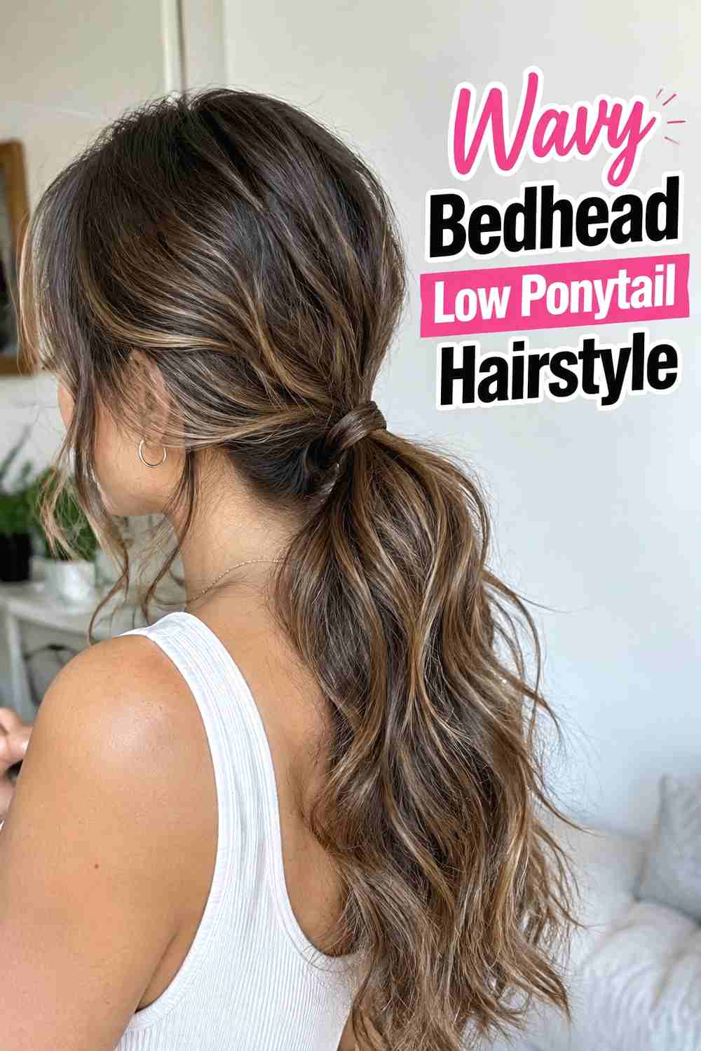 6. Wavy Bedhead Low Ponytail Hairstyle