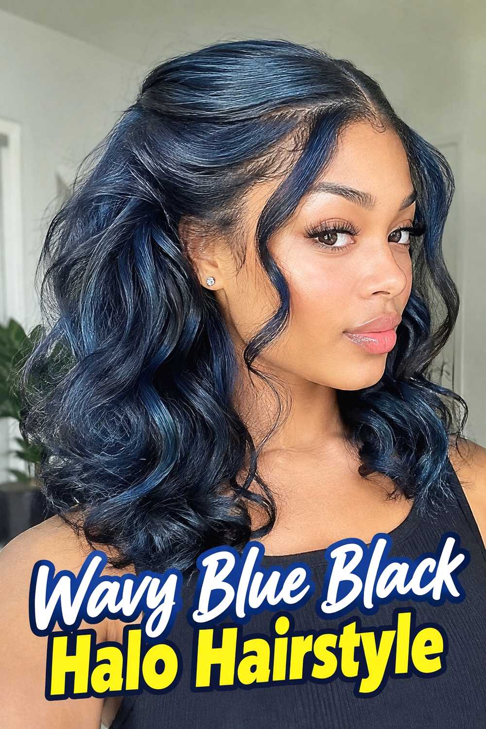 18. Wavy Blue Black Halo Hairstyle