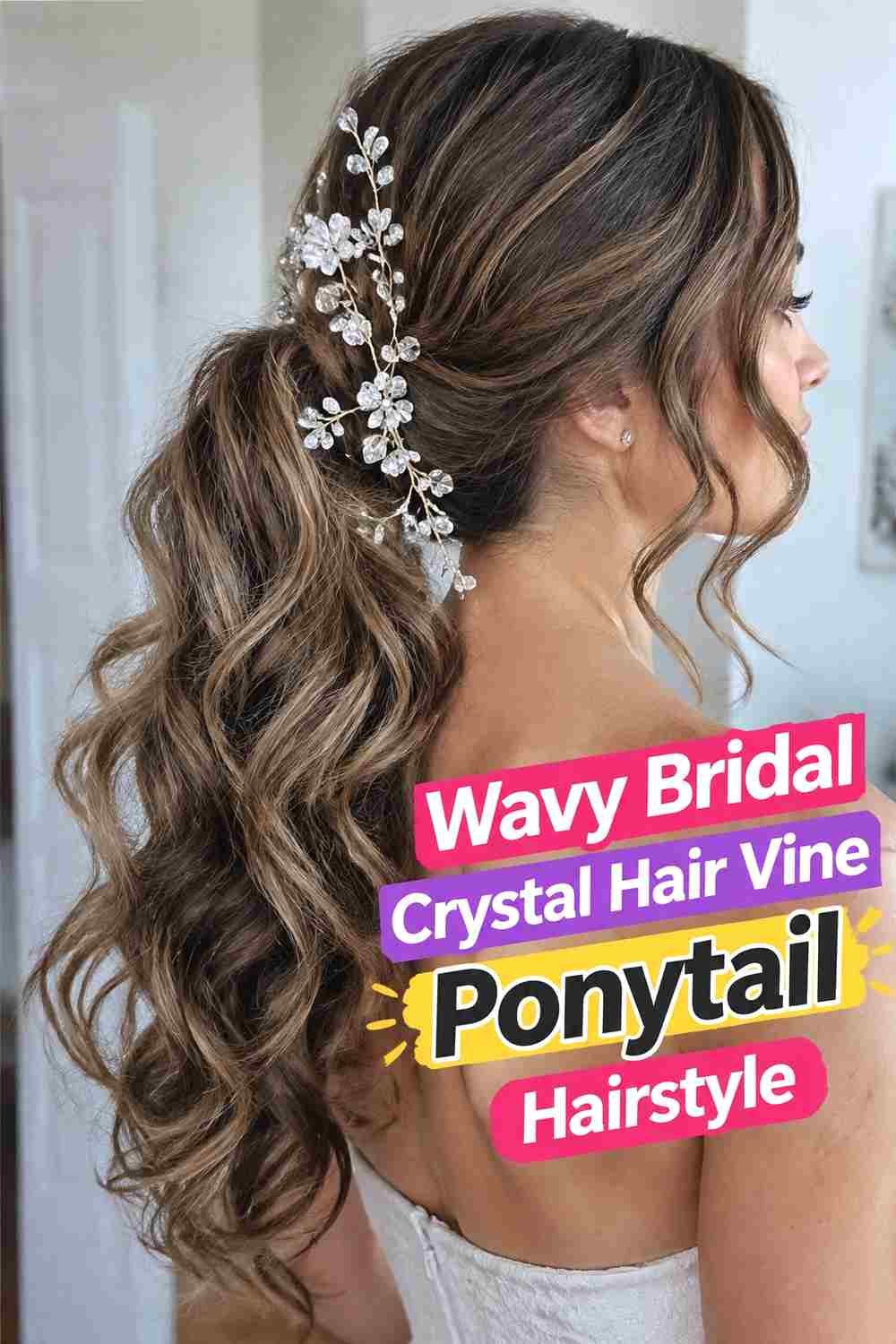 4. Wavy Bridal Crystal Hair Vine Ponytail Hairstyle
