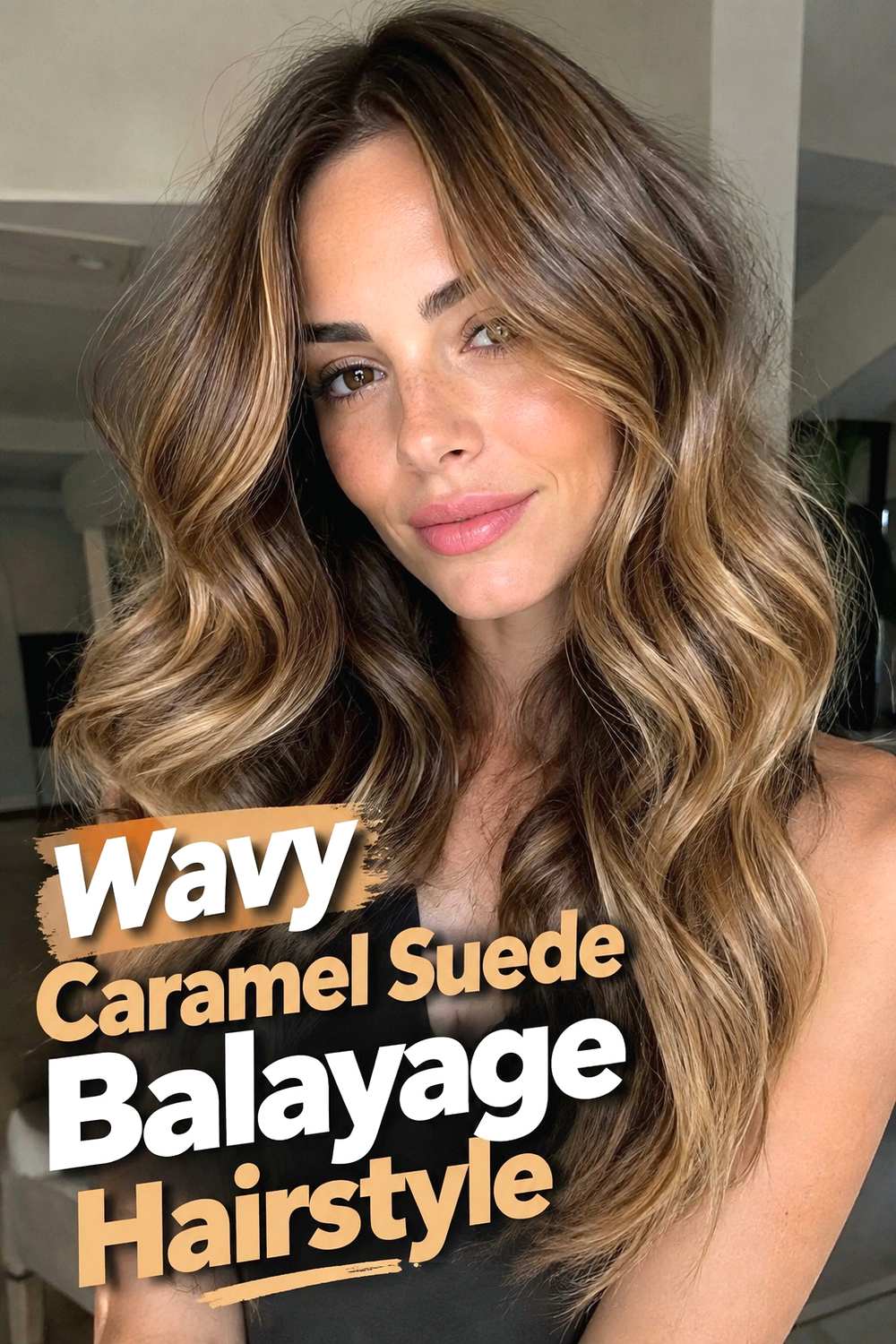 5. Wavy Caramel Suede Balayage Hairstyle