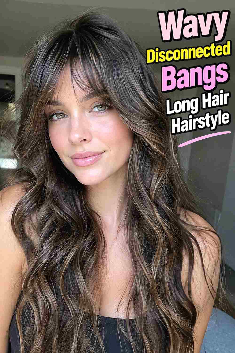 14. Wavy Disconnected Bangs Long Hair Hairstyle