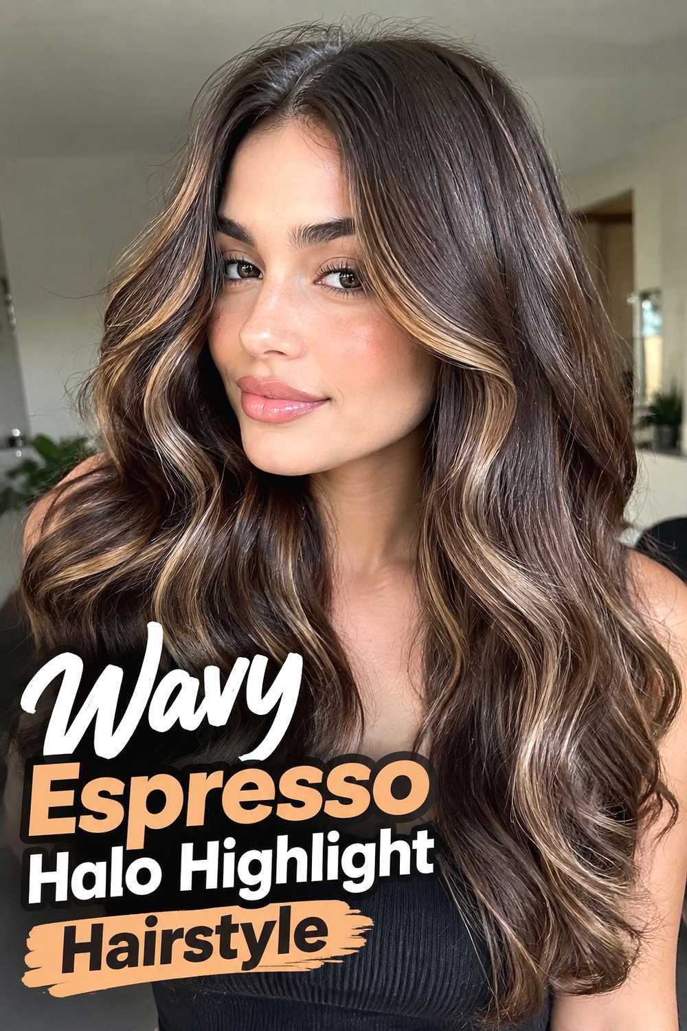 11. Wavy Espresso Halo Highlight Hairstyle
