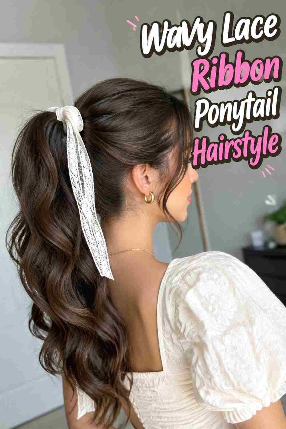 9. Wavy Lace Ribbon Ponytail Hairstyle