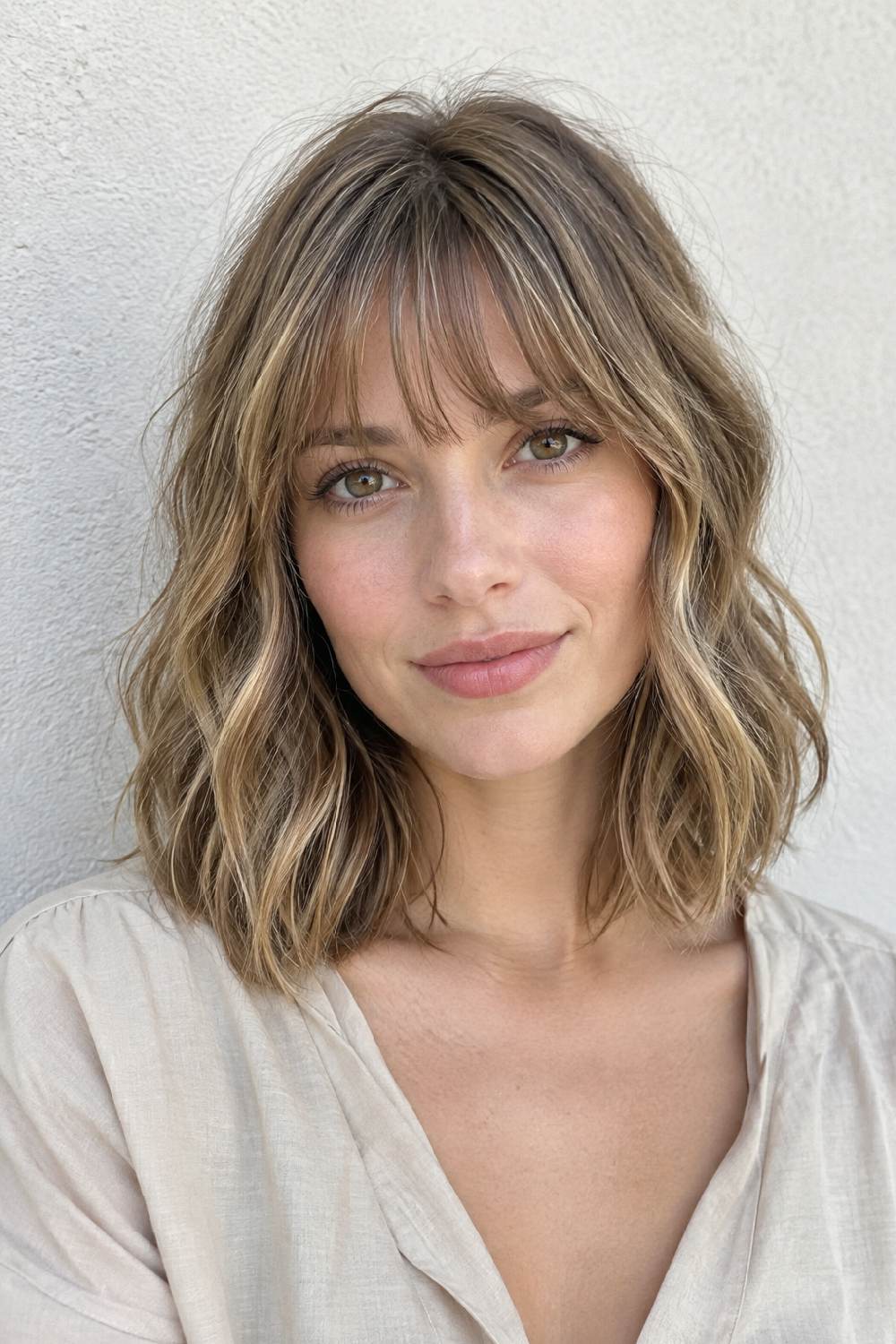Wavy Lob with French Wispy Bangs Hairstyle