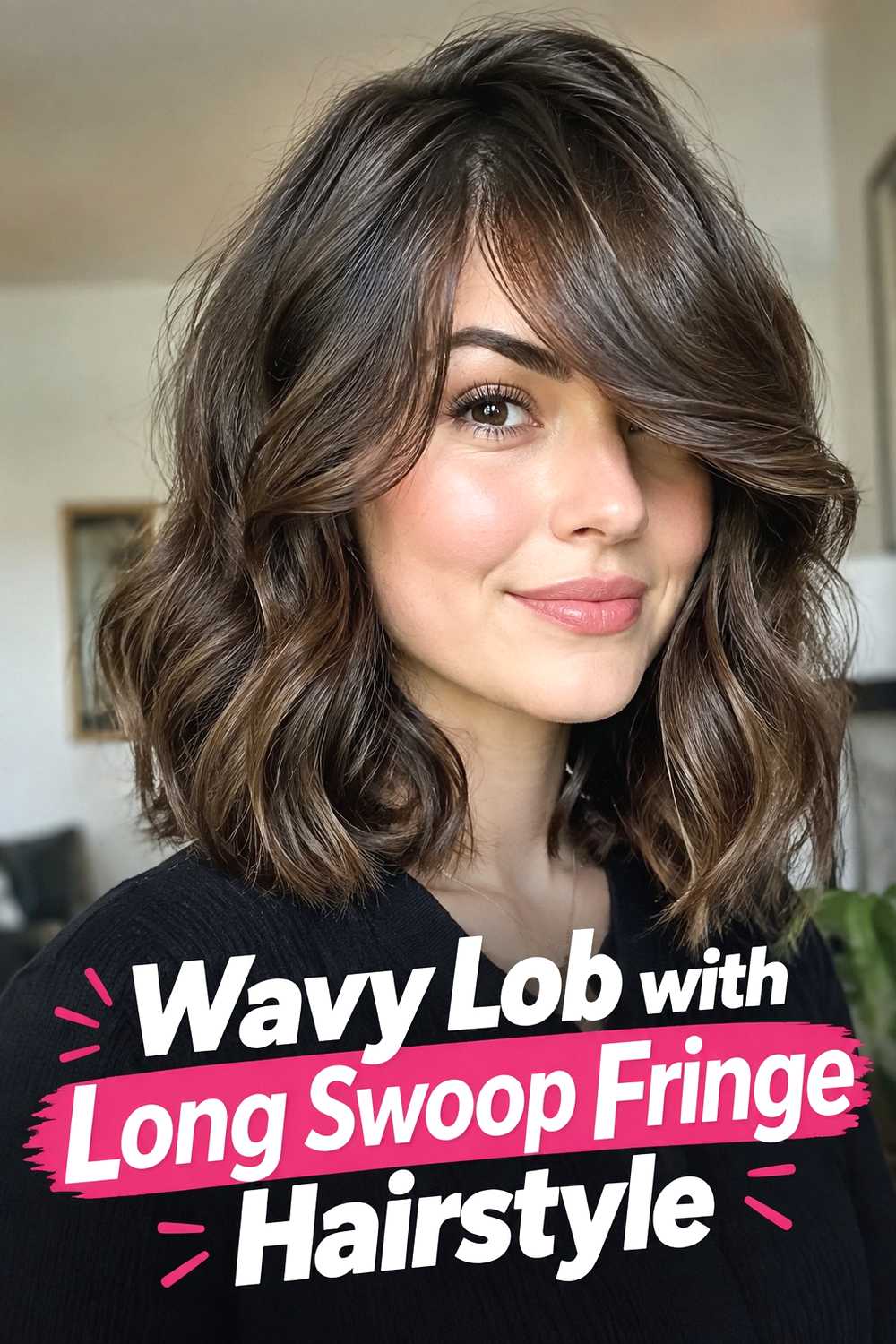 3. Wavy Lob With Long Swoop Fringe Hairstyle