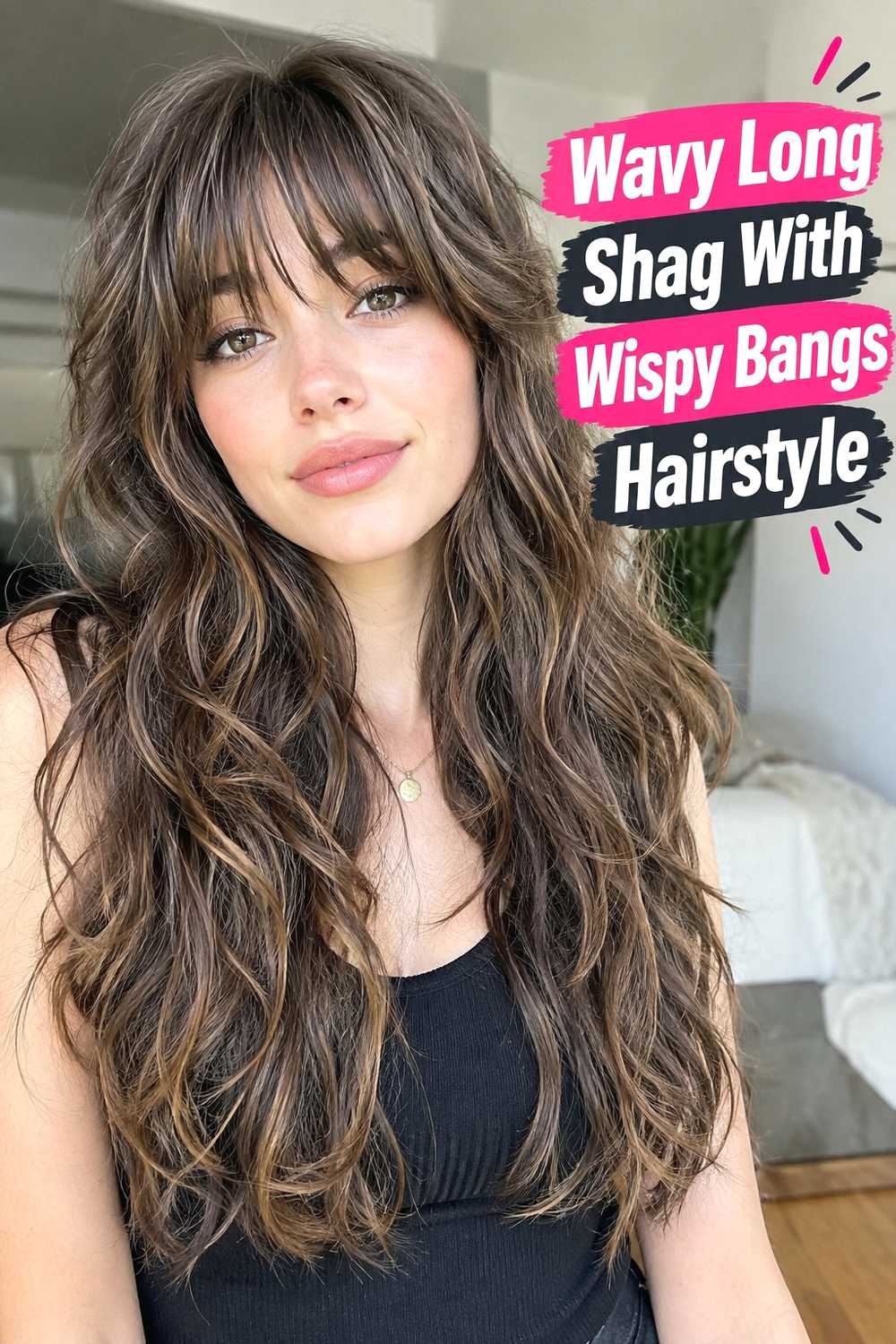 3. Wavy Long Shag With Wispy Bangs Hairstyle