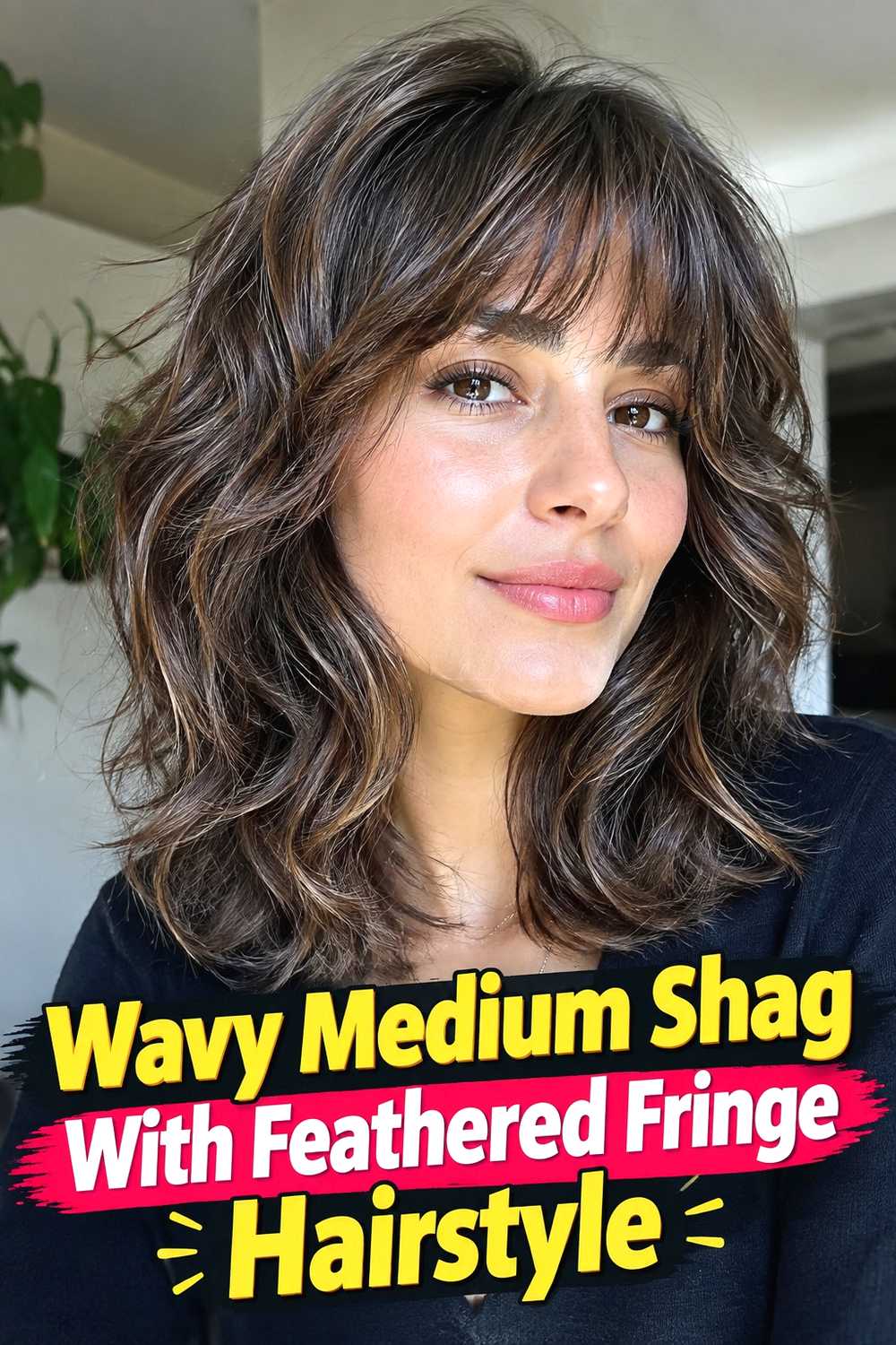 7. Wavy Medium Shag With Feathered Fringe Hairstyle