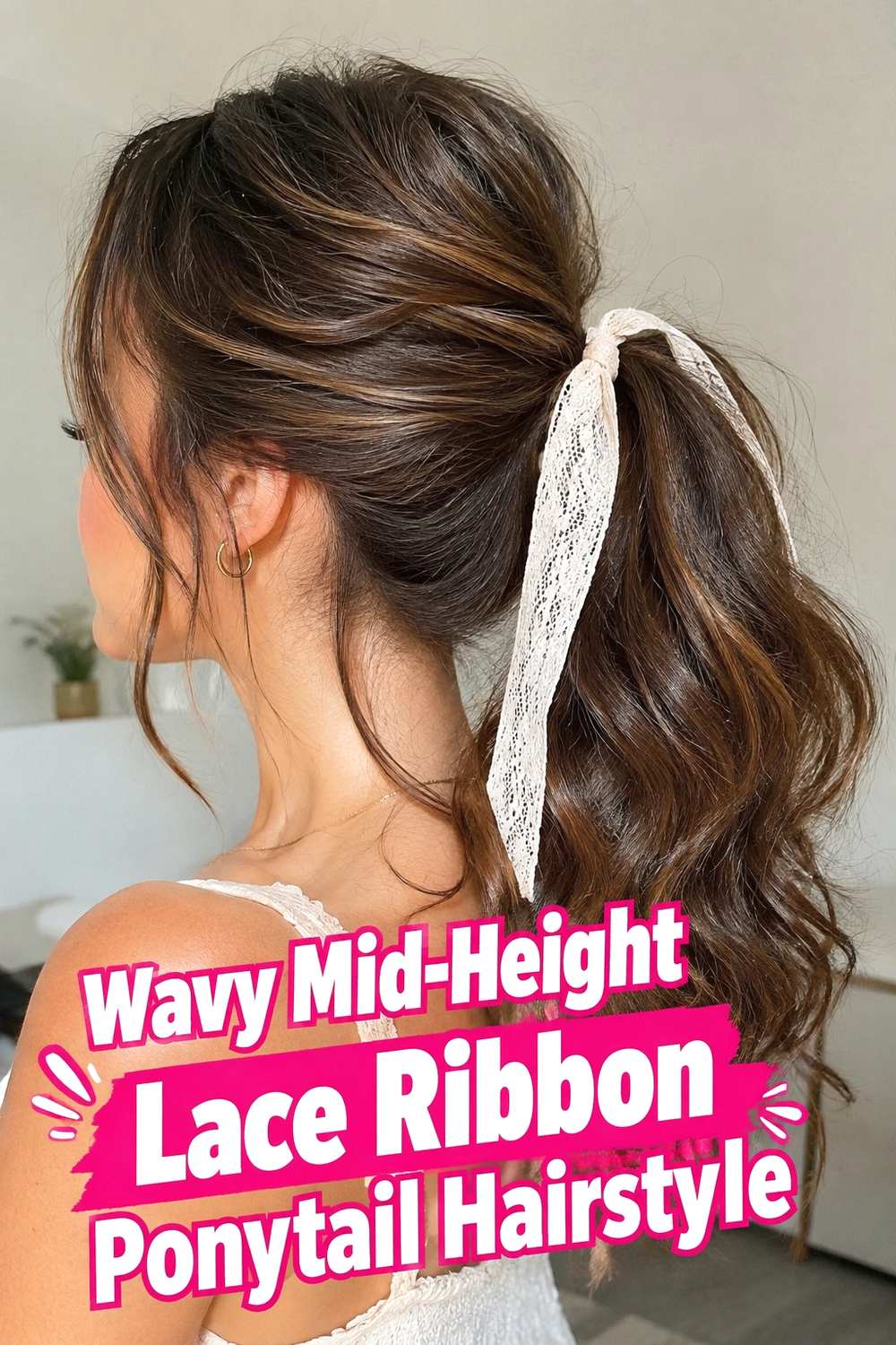 3. Wavy Mid Height Lace Ribbon Ponytail Hairstyle