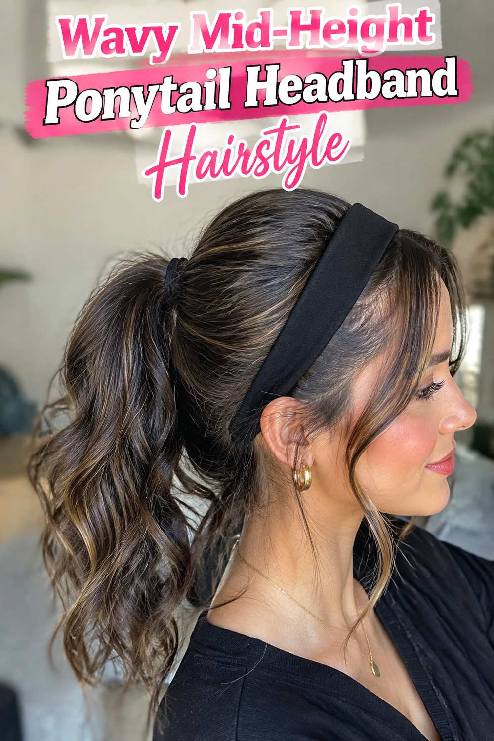Wavy Mid-Height Ponytail Headband Hairstyle