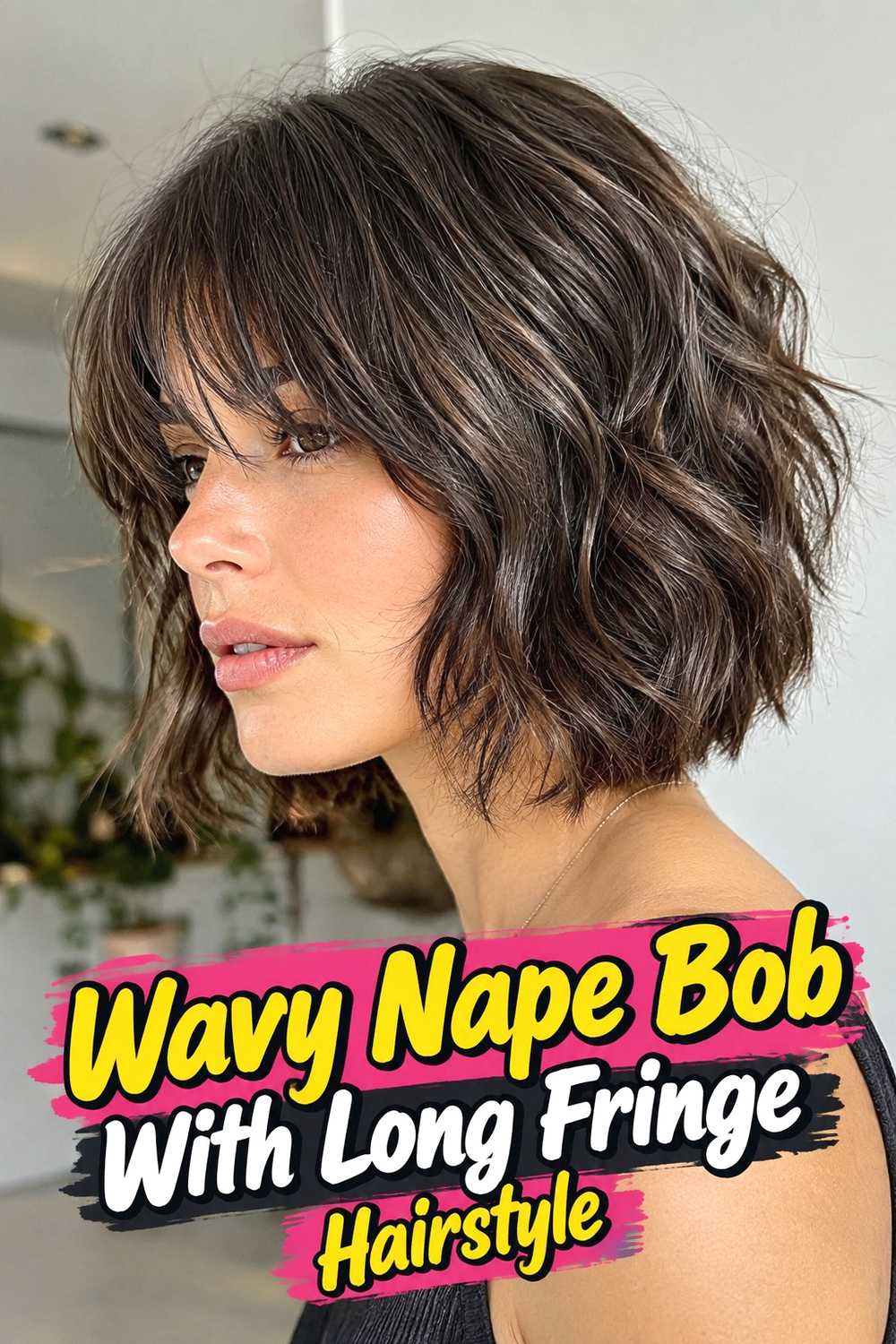 8. Wavy Nape Bob With Long Fringe Hairstyle