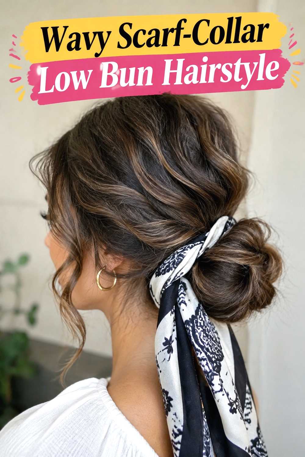 16. Wavy Scarf Collar Low Bun Hairstyle