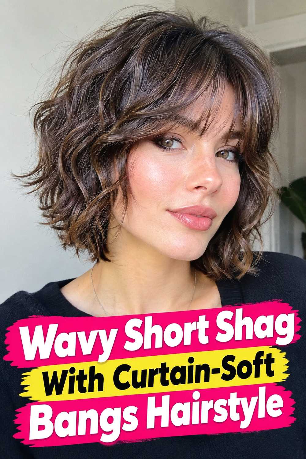4. Wavy Short Shag With Curtain Soft Bangs Hairstyle
